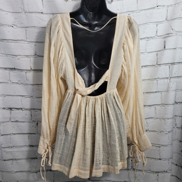 FREE PEOPLE XS Bali Birdie Long Sleeve Embroidered Peasant Tie/Open Back Tunic - Picture 7 of 11